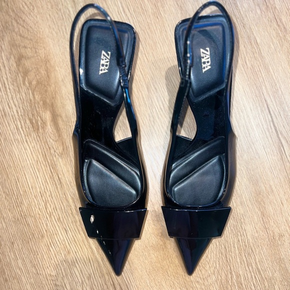 NWOT Zara Glossy Black Patent Pointed Slingback Kitten Heels - Picture 5 of 9